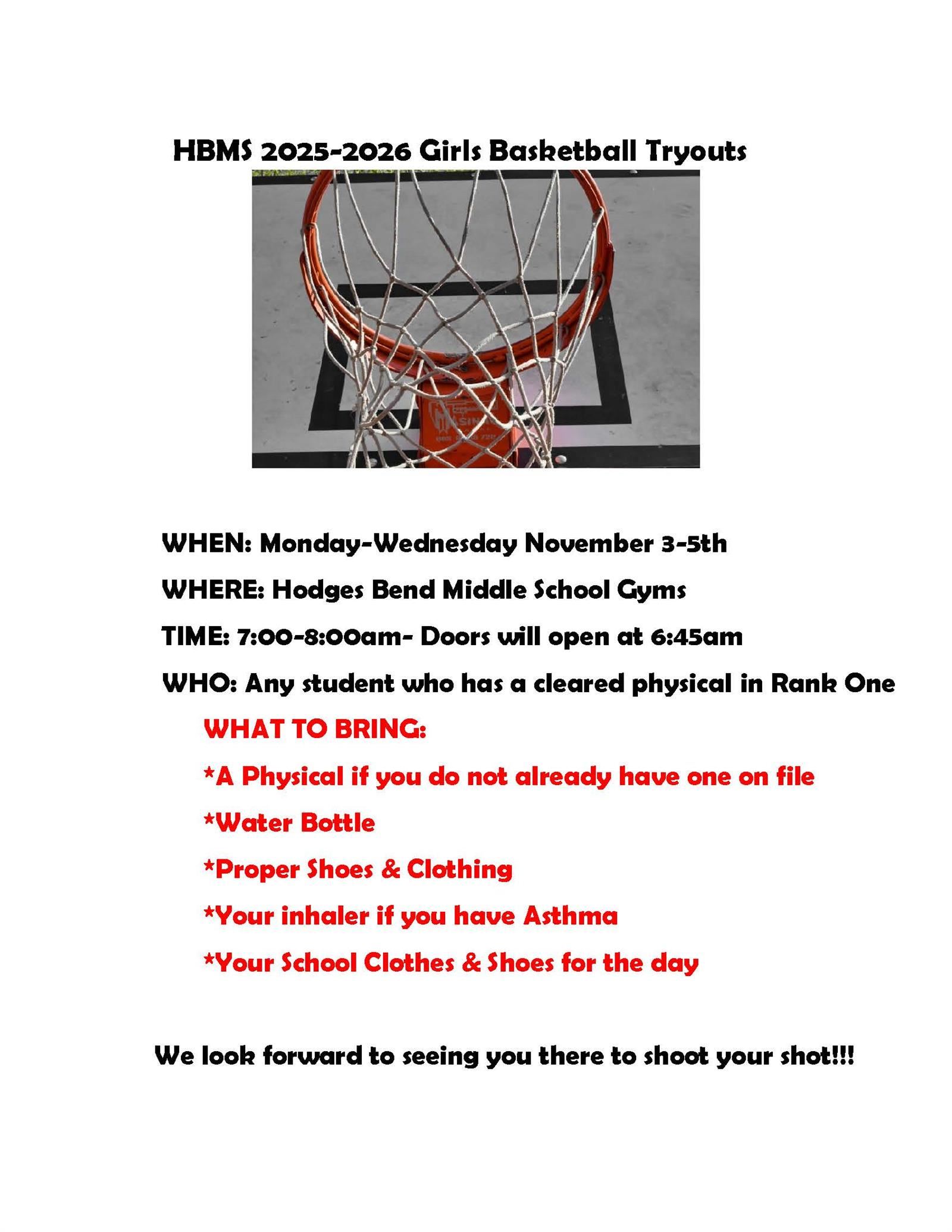  GIrls Basketball Tryouts